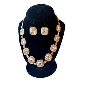 Talbots Gold Tone Crystal Statement Necklace and Stud Earring Set Logo Charm